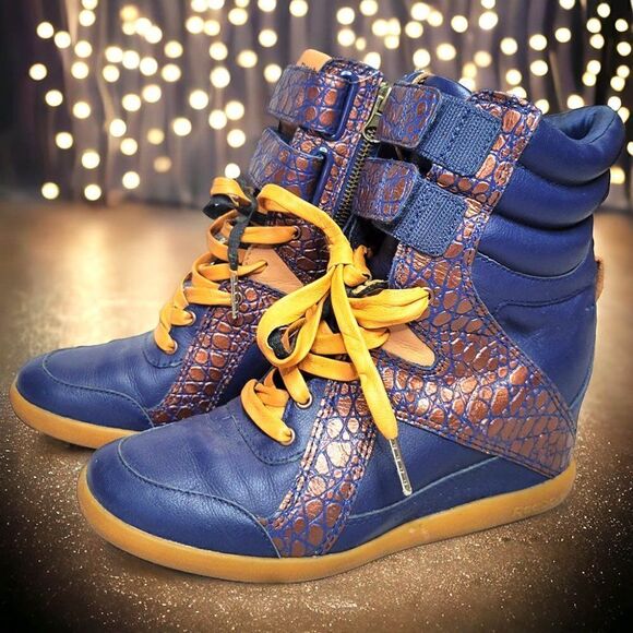 Reebok Alicia Keys leather blue metallic bronze wedge high-top wedge sneakers - Picture 3 of 10